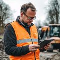 Man met tablet inspecteert het materieel op locatie.