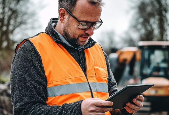 Man met tablet inspecteert het materieel op locatie.