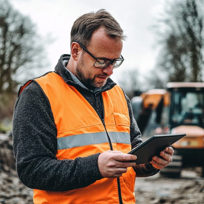 Man met tablet inspecteert het materieel op locatie.