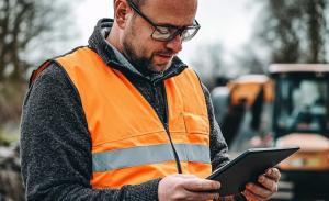 Man met tablet inspecteert het materieel op locatie.