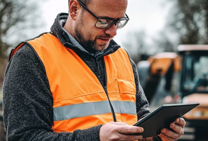 Man met tablet inspecteert het materieel op locatie.